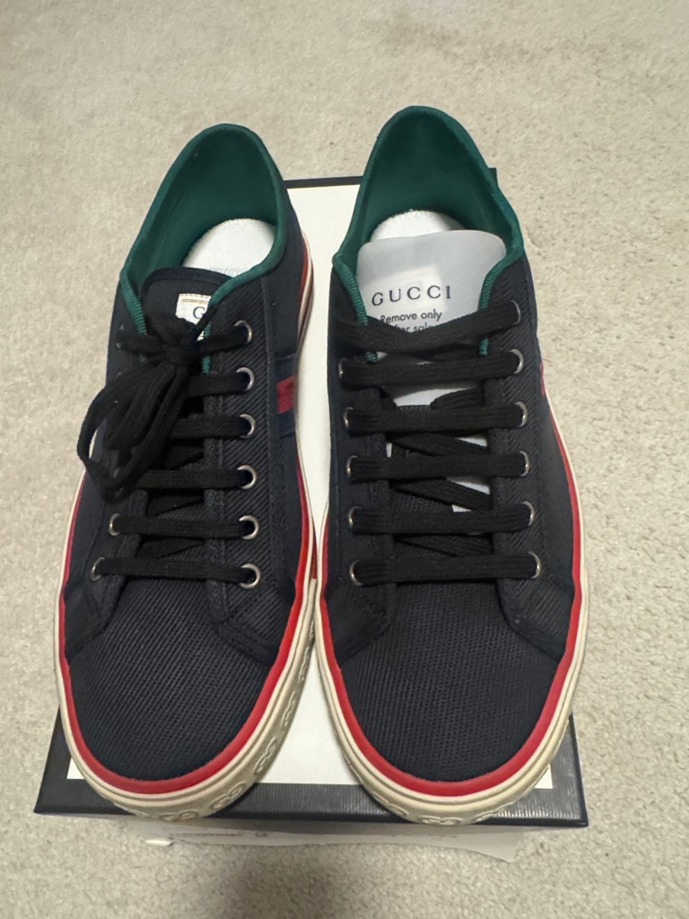 Gucci Men's Navy Canvas Low-Top Sneakers with Red Trim and Green Lining